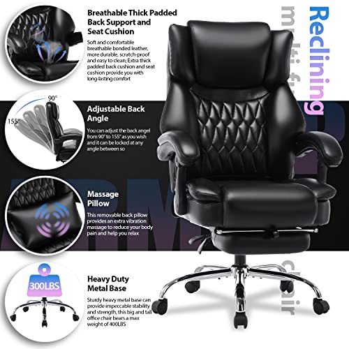 High Back Massage Reclining Office Chair with Footrest - Executive Computer Chair Home Office Desk Chair with Massaging Lumbar Cushion, Adjustable Angle, Breathable Thick Padding for Comfort (Black)