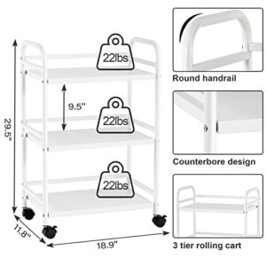 DCLRN 3 Tier Rolling Cart,Storage Organizer Cart,Multifunctional Storage Shelves,Rolling Metal Organization Cart with Handle and Lockable Wheels,for Home,Office,Kitchen,Bathroom(White)