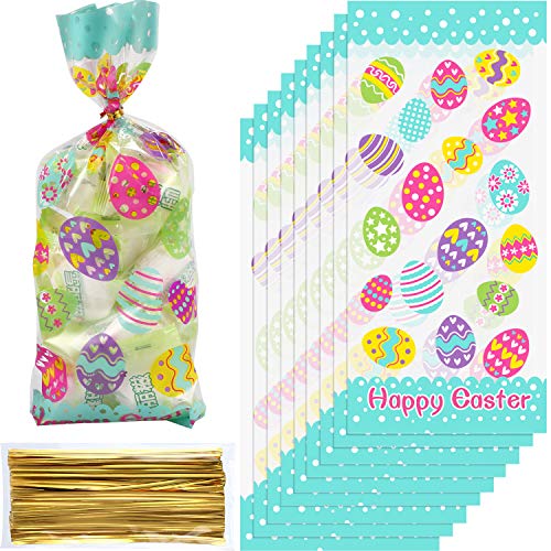 Chuangdi 100 Pack Easter Day Treat Bag Easter Bunny Cello Bag Party Bag Candy Cellophane Bag Easter Egg Treat Bag Painted Eggs Cello Bag Easter Goody Bags for Easter Day (Egg Style)