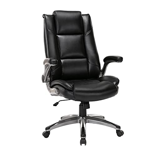 COLAMY Office Chair High Back Leather Desk Chair, Flip-up Arms Adjustable Swivel Executive Chair Thick Padding for Comfort and Ergonomic Design for Home Office, Black