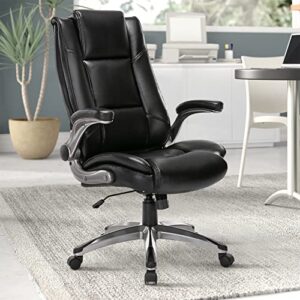 COLAMY Office Chair High Back Leather Desk Chair, Flip-up Arms Adjustable Swivel Executive Chair Thick Padding for Comfort and Ergonomic Design for Home Office, Black