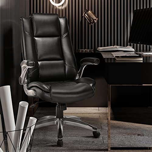 COLAMY Office Chair High Back Leather Desk Chair, Flip-up Arms Adjustable Swivel Executive Chair Thick Padding for Comfort and Ergonomic Design for Home Office, Black