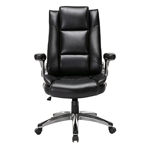 COLAMY Office Chair High Back Leather Desk Chair, Flip-up Arms Adjustable Swivel Executive Chair Thick Padding for Comfort and Ergonomic Design for Home Office, Black