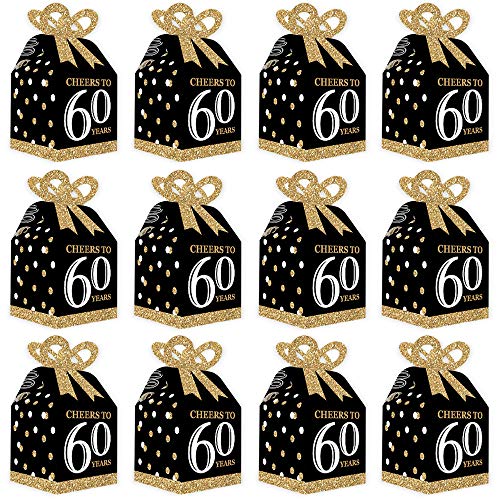 Big Dot of Happiness Adult 60th Birthday - Gold - Square Favor Gift Boxes - Birthday Party Bow Boxes - Set of 12