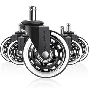 wheels zilla office chair casters, pack of 5, 3 inch heavy duty replacement rubber wheels for desk & gaming chair are easy to install & suitable for all floor types including carpet & wood floors