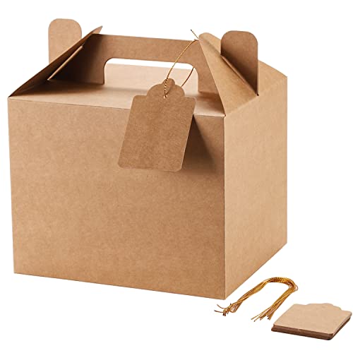 12 Pack Brown Treat Boxes, Kraft Paper Party Favor Boxes Gable Boxes Gift Boxes for Kids' Birthday Party, Wedding, Baby Shower, with Tag 7 x 5.5 x 5.5 Inches