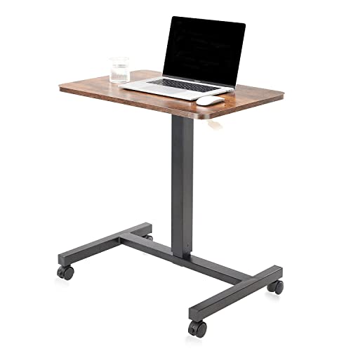 CLATINA Mobile Laptop Desk Pneumatic Sit to Stand Table Height Adjustable Rolling Cart with Lockable Wheels for Home Office Computer Workstation 28" x 19" Brown Round Edge Design Elegant - Fidel