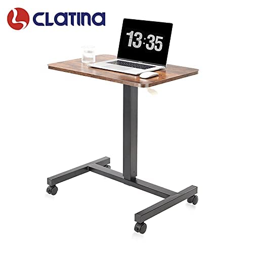 CLATINA Mobile Laptop Desk Pneumatic Sit to Stand Table Height Adjustable Rolling Cart with Lockable Wheels for Home Office Computer Workstation 28" x 19" Brown Round Edge Design Elegant - Fidel