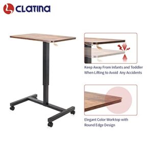 CLATINA Mobile Laptop Desk Pneumatic Sit to Stand Table Height Adjustable Rolling Cart with Lockable Wheels for Home Office Computer Workstation 28" x 19" Brown Round Edge Design Elegant - Fidel