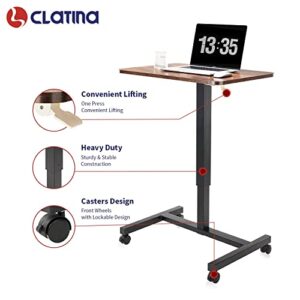 CLATINA Mobile Laptop Desk Pneumatic Sit to Stand Table Height Adjustable Rolling Cart with Lockable Wheels for Home Office Computer Workstation 28" x 19" Brown Round Edge Design Elegant - Fidel