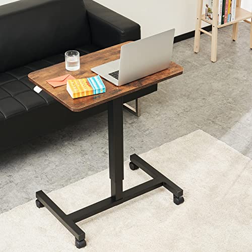 CLATINA Mobile Laptop Desk Pneumatic Sit to Stand Table Height Adjustable Rolling Cart with Lockable Wheels for Home Office Computer Workstation 28" x 19" Brown Round Edge Design Elegant - Fidel