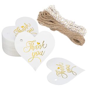 high-end metallic gold thank you tag,100pcs kraft paper heart gift tags with string for wedding, birthday, baby shower, party favor (thank you tag white)