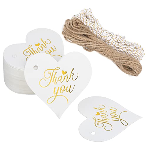 High-end Metallic Gold Thank You Tag,100PCS Kraft Paper Heart Gift Tags with String for Wedding, Birthday, Baby Shower, Party Favor (Thank You Tag White)