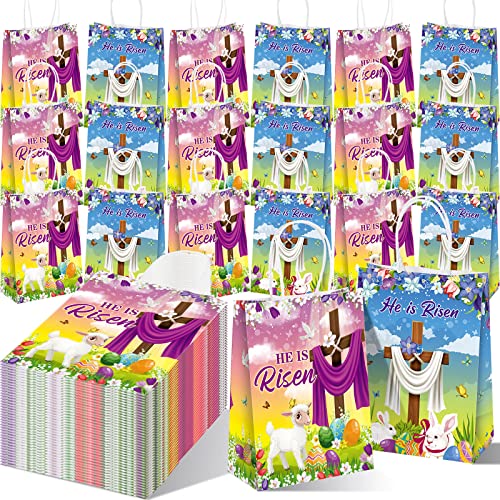 100 Pcs Easter Treat Bags He Is Risen Candy Favor Bags Easter Party Goodie Bags Easter Gift Bags with Handles Easter Religious Gifts Bags for Kids Child Egg Hunt Cookie Easter Bags for Easter Party