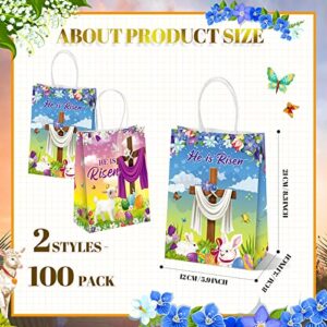 100 Pcs Easter Treat Bags He Is Risen Candy Favor Bags Easter Party Goodie Bags Easter Gift Bags with Handles Easter Religious Gifts Bags for Kids Child Egg Hunt Cookie Easter Bags for Easter Party