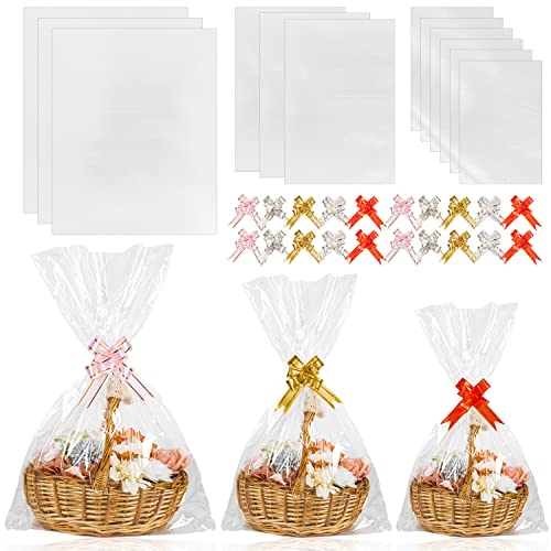 50pcs Cellophane Bags 3 Sizes Cellophane Wrap for Gift Baskets 24x30 16x24 12x18 Large Clear Packaging Bags with 50 Pull Bows for Gift Wrapping Plastic Gift Bags Easter Basket