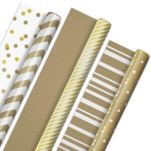 hallmark all occasion reversible wrapping paper – gold & kraft stripes, triangles, chevron, polka dots (3 rolls: 75 sq. ft. ttl) for birthdays, christmas, hanukkah, crafts