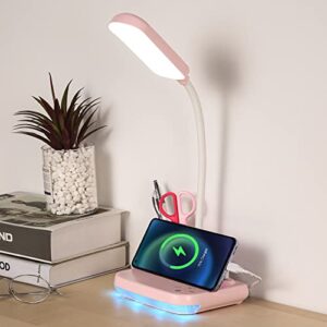 celyst led rechargeable desk lamp, 5-in-1 small desk lamp with usb charging port, pen holder, night light, portable desk light for home office student children kids college dorm (pink)