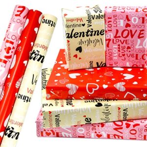 WorldBazaar Valentines Wrapping Paper Roll with Cut Lines Valentine Heart Love Design Gift Wrapping Paper for Valentine’s Day Birthday Holiday 3 Pack Red Pink