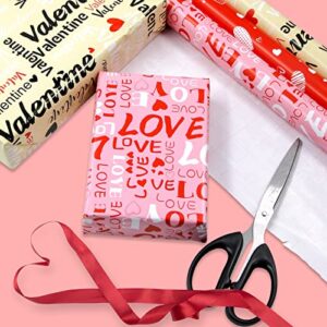 WorldBazaar Valentines Wrapping Paper Roll with Cut Lines Valentine Heart Love Design Gift Wrapping Paper for Valentine’s Day Birthday Holiday 3 Pack Red Pink