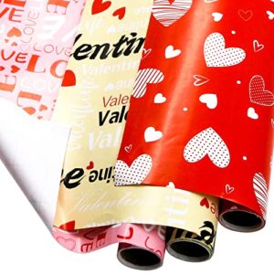 WorldBazaar Valentines Wrapping Paper Roll with Cut Lines Valentine Heart Love Design Gift Wrapping Paper for Valentine’s Day Birthday Holiday 3 Pack Red Pink