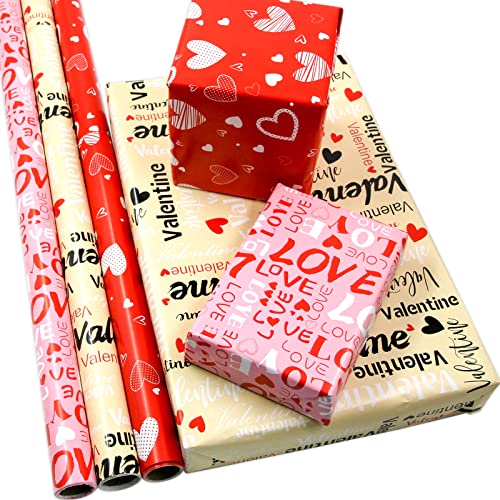 WorldBazaar Valentines Wrapping Paper Roll with Cut Lines Valentine Heart Love Design Gift Wrapping Paper for Valentine’s Day Birthday Holiday 3 Pack Red Pink