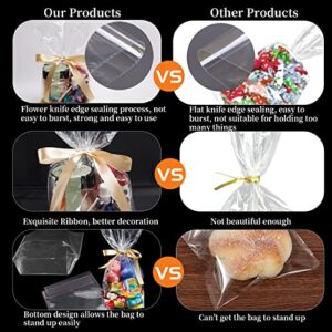 50PCS Clear Gusseted Cellophane Bags 6"x 9" Clear Treat Bags with Ties,Plastic Gift Bags with Golden Satin Ribbon for Gift Wrapping,Packaging Dessert,Candies,Cookies,Party Favors