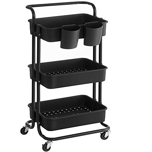 SONGMICS Rolling Cart, 3-Tier Storage Cart, Storage Trolley with Handle 2 Small Organizers, Steel Frame, Plastic Baskets, Utility Cart, Easy Assembly, for Bathroom Laundry Room, Black UBSC067B01