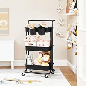 SONGMICS Rolling Cart, 3-Tier Storage Cart, Storage Trolley with Handle 2 Small Organizers, Steel Frame, Plastic Baskets, Utility Cart, Easy Assembly, for Bathroom Laundry Room, Black UBSC067B01