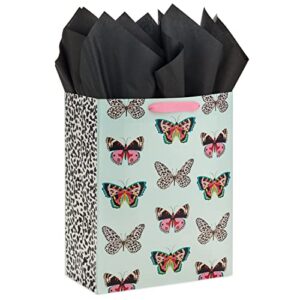 Hallmark 13" Large Gift Bag with Tissue Paper (Butterflies, Mint Green, Pink, Black) for Easter, Mother's Day, Bridal Showers, Baby Showers, Birthdays