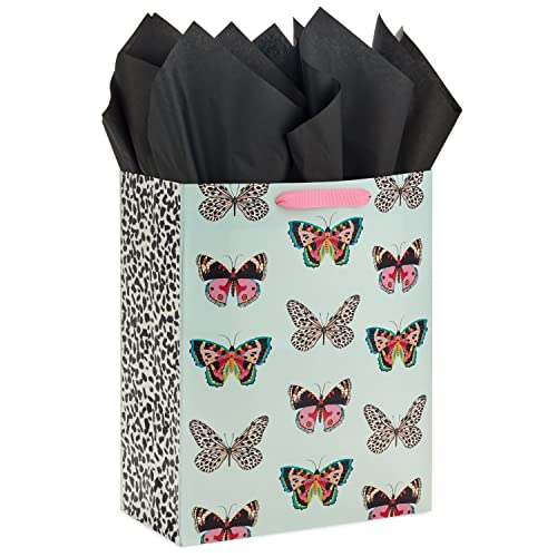 Hallmark 13" Large Gift Bag with Tissue Paper (Butterflies, Mint Green, Pink, Black) for Easter, Mother's Day, Bridal Showers, Baby Showers, Birthdays