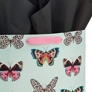 Hallmark 13" Large Gift Bag with Tissue Paper (Butterflies, Mint Green, Pink, Black) for Easter, Mother's Day, Bridal Showers, Baby Showers, Birthdays