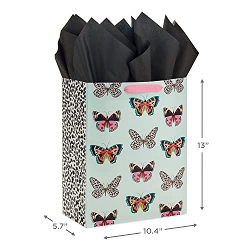 Hallmark 13" Large Gift Bag with Tissue Paper (Butterflies, Mint Green, Pink, Black) for Easter, Mother's Day, Bridal Showers, Baby Showers, Birthdays