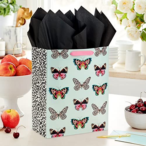 Hallmark 13" Large Gift Bag with Tissue Paper (Butterflies, Mint Green, Pink, Black) for Easter, Mother's Day, Bridal Showers, Baby Showers, Birthdays