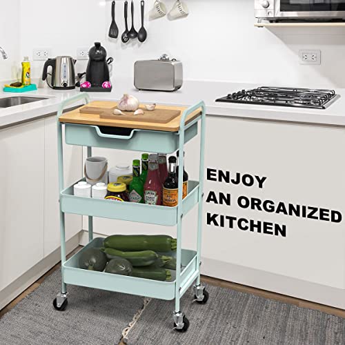 Aratan Utility Rolling Cart with Table Top, 3 Tier Metal Storage Cart with Drawer, Kitchen Organizer Cart with Handle and Locking Wheels for Bathroom Office Balcony Living Room (Light Green)