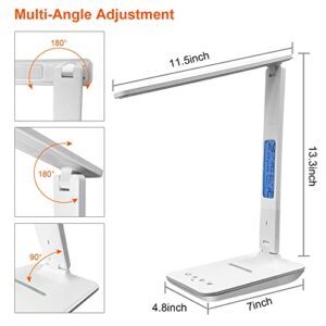 snsok LED Desk Lamp, Desk Light with Wireless Charger, USB Charging Port, Dimmable Office Desk Lamp with Clock, Alarm, Date, Temperature, Foldable Table Lamp for Table Bedroom Bedside Office, White