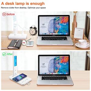 snsok LED Desk Lamp, Desk Light with Wireless Charger, USB Charging Port, Dimmable Office Desk Lamp with Clock, Alarm, Date, Temperature, Foldable Table Lamp for Table Bedroom Bedside Office, White