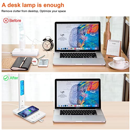 snsok LED Desk Lamp, Desk Light with Wireless Charger, USB Charging Port, Dimmable Office Desk Lamp with Clock, Alarm, Date, Temperature, Foldable Table Lamp for Table Bedroom Bedside Office, White