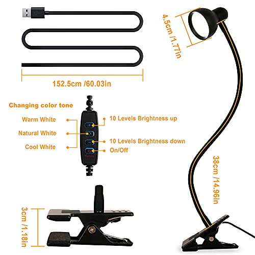 LiFMIRA Clip on Light Reading Light 3000-6500K Adjustable Colors 30 Lighting Modes Eye Caring LED Desk Lamp Clamp Flexible Gooseneck Clip Desk Lamp for Bed Headboard Computer Dorm Home Office (Black)