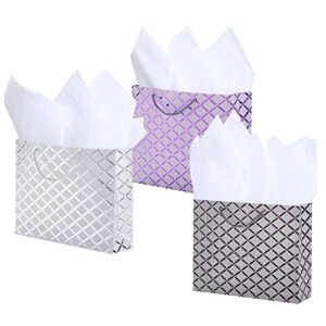 Set of 3 Medium Size Gift Bags with Handle, Assorted Color Diamond Pattern Glitter All Occasion Gift Wrapping Bags