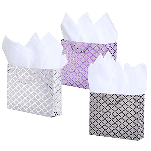 Set of 3 Medium Size Gift Bags with Handle, Assorted Color Diamond Pattern Glitter All Occasion Gift Wrapping Bags