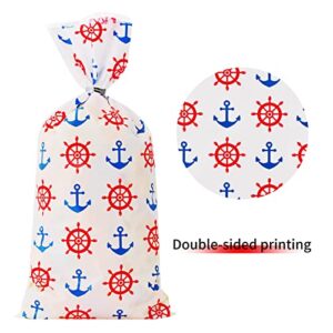 Lecpeting 100 Pcs Nautical Treat Bags Anchors Wheel Print Cellophane Candy Bags Plastic Goodie Storage Bags Nautical Party Favor Bags with Twist Ties for Nautical Theme Birthday Party Supplies