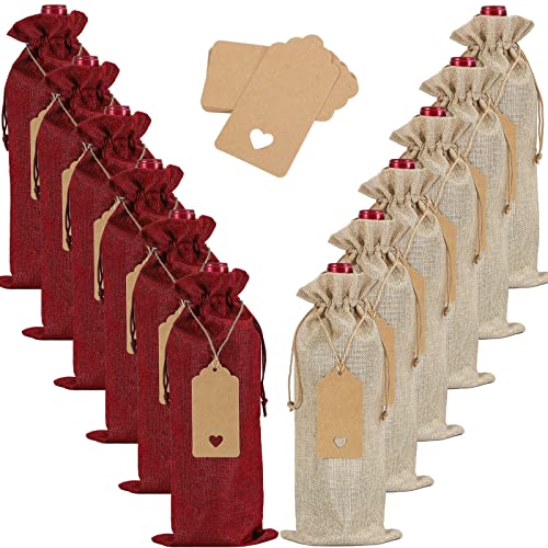 Qibote Burlap Wine Bags with Drawstrings, Wine Bags Gift - Single Reusable Bottle Bags Perfect for Travel, Wedding, Birthday, Housewarming and Dinner Party (12 Pcs - Brown and Red)