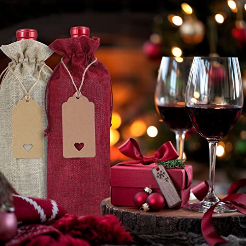 Qibote Burlap Wine Bags with Drawstrings, Wine Bags Gift - Single Reusable Bottle Bags Perfect for Travel, Wedding, Birthday, Housewarming and Dinner Party (12 Pcs - Brown and Red)