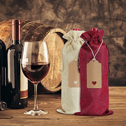 Qibote Burlap Wine Bags with Drawstrings, Wine Bags Gift - Single Reusable Bottle Bags Perfect for Travel, Wedding, Birthday, Housewarming and Dinner Party (12 Pcs - Brown and Red)