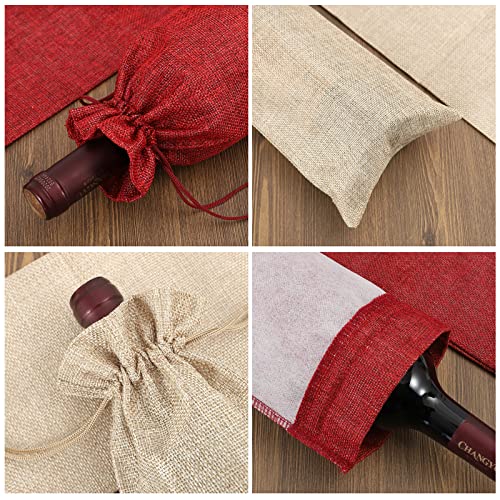 Qibote Burlap Wine Bags with Drawstrings, Wine Bags Gift - Single Reusable Bottle Bags Perfect for Travel, Wedding, Birthday, Housewarming and Dinner Party (12 Pcs - Brown and Red)
