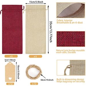 Qibote Burlap Wine Bags with Drawstrings, Wine Bags Gift - Single Reusable Bottle Bags Perfect for Travel, Wedding, Birthday, Housewarming and Dinner Party (12 Pcs - Brown and Red)