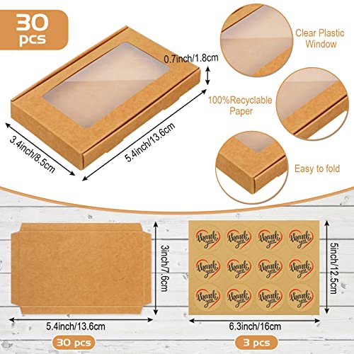 30Pcs Jewelry Packaging Boxes Gift Boxes 5.4"x3.4"x0.7" Paper Boxes with Clear Window 30 Display Card 36 Sticker for Keychain (Kraft Color)