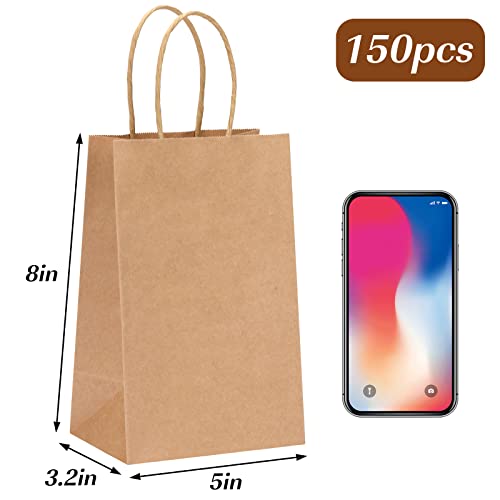 Moretoes 150pcs Brown Paper Bags, Small Paper Gift Bags with Handles, Kraft Bags, Gift Bags, Shopping Bags, Party Bags for Birthday, Wedding, Valentine's Day (5.2x3.5x8 Inches)