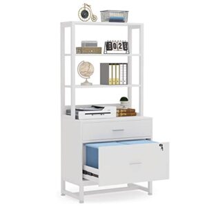 tribesigns 2 drawer vertical file cabinet with lock & bookshelf, letter size large modern filing cabinet printer stand with open storage shelves for home office, white